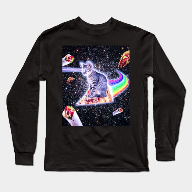 Laser Eyes Space Cat Riding Rainbow Pizza Long Sleeve T-Shirt by Random Galaxy